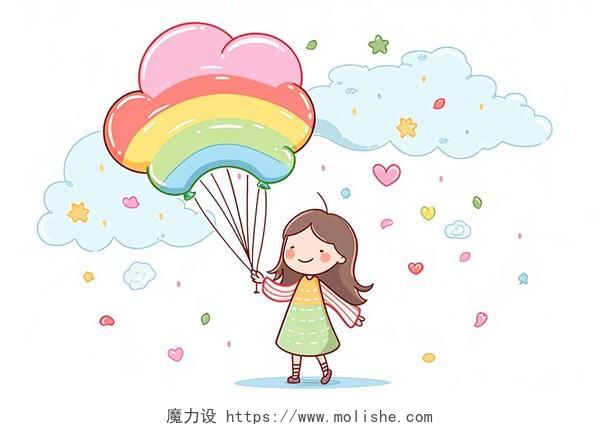一个女孩站在云上手里拿着气球卡通AI简笔画可爱彩虹儿童幼儿园